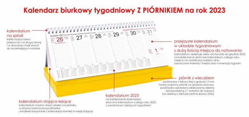 Kalendarz biurkowy TYGODNIOWY Z PIÓRNIKIEM 2023 - opis