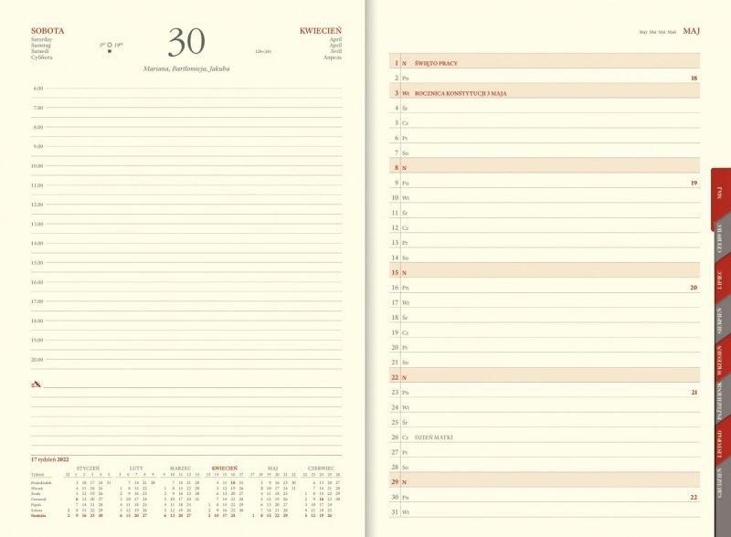 Kalendarz książkowy 2022 A4 dzienny papier chamois wycinane registry oprawa KENIA ZE SKÓRY NATURALNEJ  bordowa