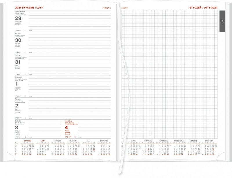 Blok kalendarza B5 tygodniowego Z NOTESEM papier biały drukowane registry