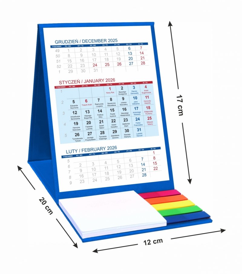 Kalendarz biurkowy z notesem i znacznikami TOP 3-miesięczny 2026 niebieski
