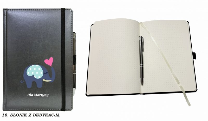 notes zamykany na gumkę z długopisem z grafiką na okładce