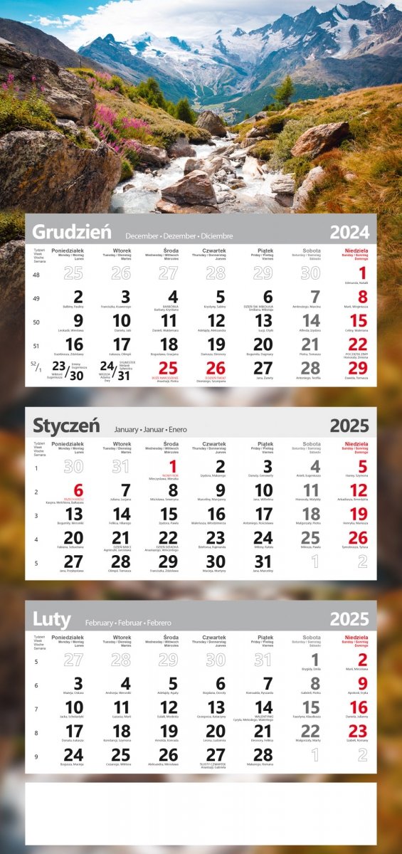 kalendarz TRÓJDZIELNY poster na rok 2025 W górach