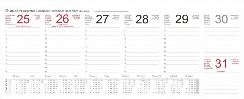 Kalendarz biurkowy tygodniowy na rok 2023 - grudzień 2023