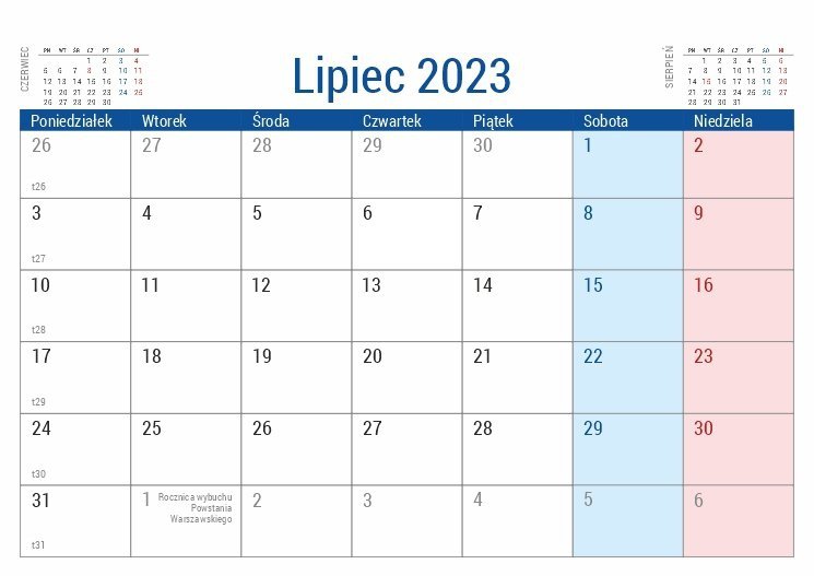 Kalendarz biurkowy PLANO dla uczniów i nauczycieli kartka z kalendarium - lipiec 2023