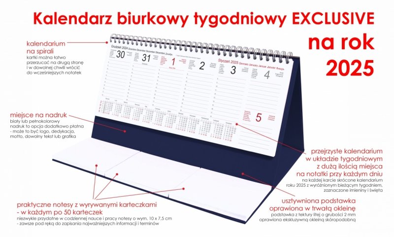 Kalendarz biurkowy stojący na podstawce - kalendarium tygodniowe na rok 2025