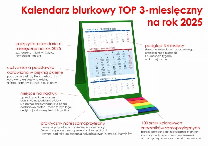 opis kalendarz 3-miesięcznego z notesem i znacznikami