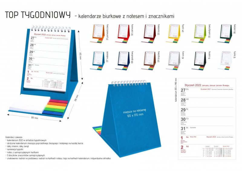 Kalendarz biurkowy z notesem i znacznikami TOP tygodniowy 2022 czarny