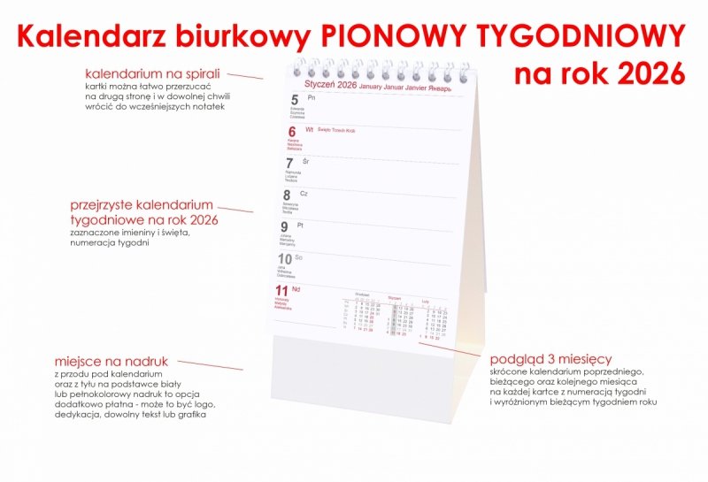 opis kalendarza biurkowego pionowego tygodniowego na rok 2026