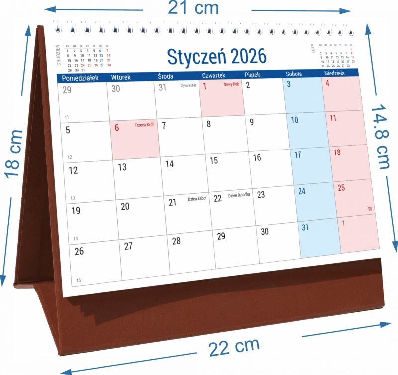 Wymiary kalendarza biurkowego PLANO na rok 2026