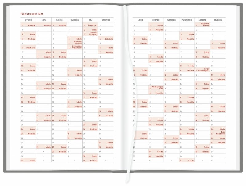 kalendarz książkowy A5 z planem urlopów na rok 2026 