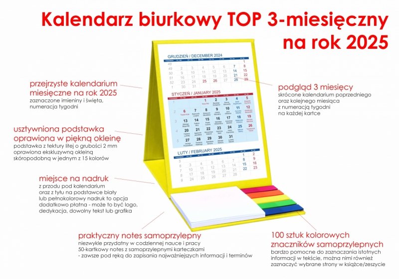 opis kalendarz 3-miesięcznego z notesem i znacznikami