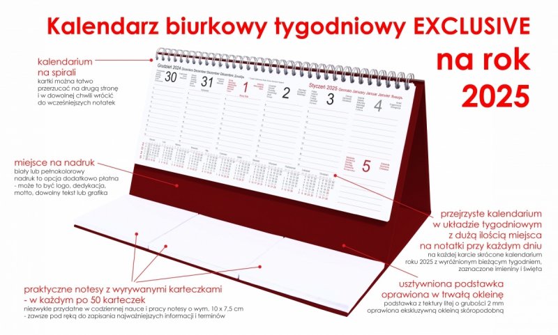Kalendarz biurkowy stojący na podstawce - kalendarium tygodniowe na rok 2025