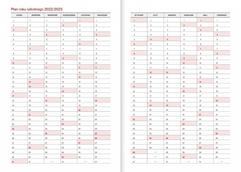 Kalendarz nauczyciela 2022/2023 A5 tygodniowy - strona z kalendarium