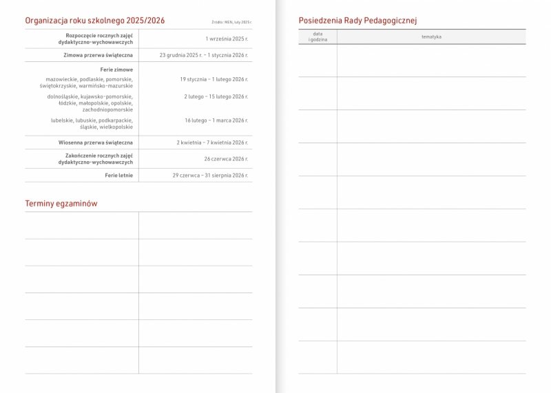 kalendarz książkowy na rok szkolny 25/26 z tabelami dla nauczyciela 