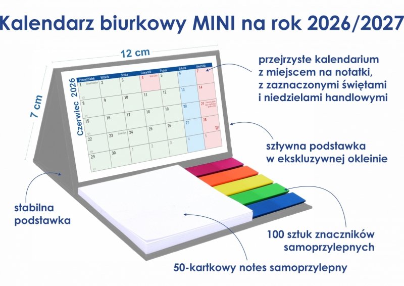 opis i wymiary kalendarza biurkowego szkolnego na rok 2026/27