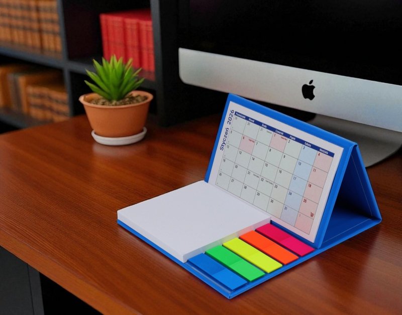 kalendarz biurkowy na rok 2026 z notesem i znacznikami