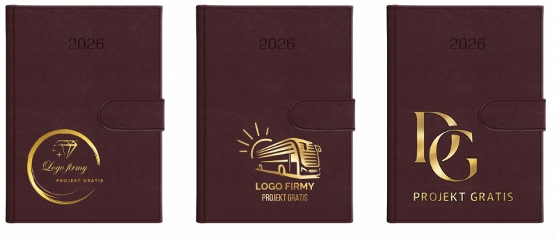 Kalendarz książkowy 2026 A4 dzienny papier biały drukowane registry oprawa zamykana na magnes MAGNESIAN Z NADRUKIEM LOGO