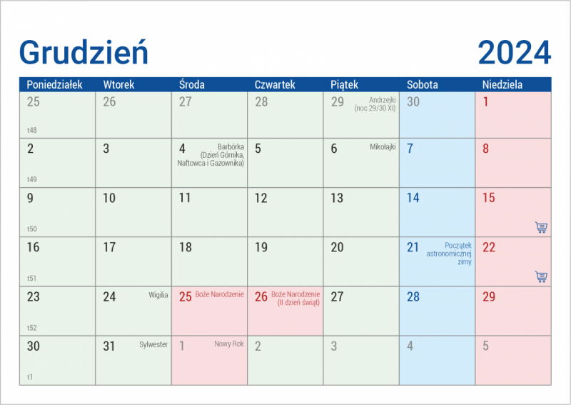 Kalendarz biurowy z zaznaczonymi niedzielami handlowymi
