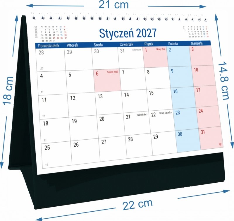 Wymiary kalendarza biurkowego PLANO na rok 2027