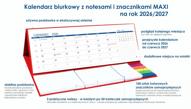 opis kalendarza MAXI szkolnego z notesami i znacznikami samoprzylepnymi