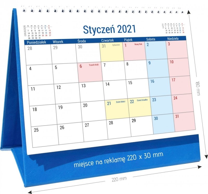 Kalendarz biurkowy stojący na podstawce PLANO 2021 - wymiary