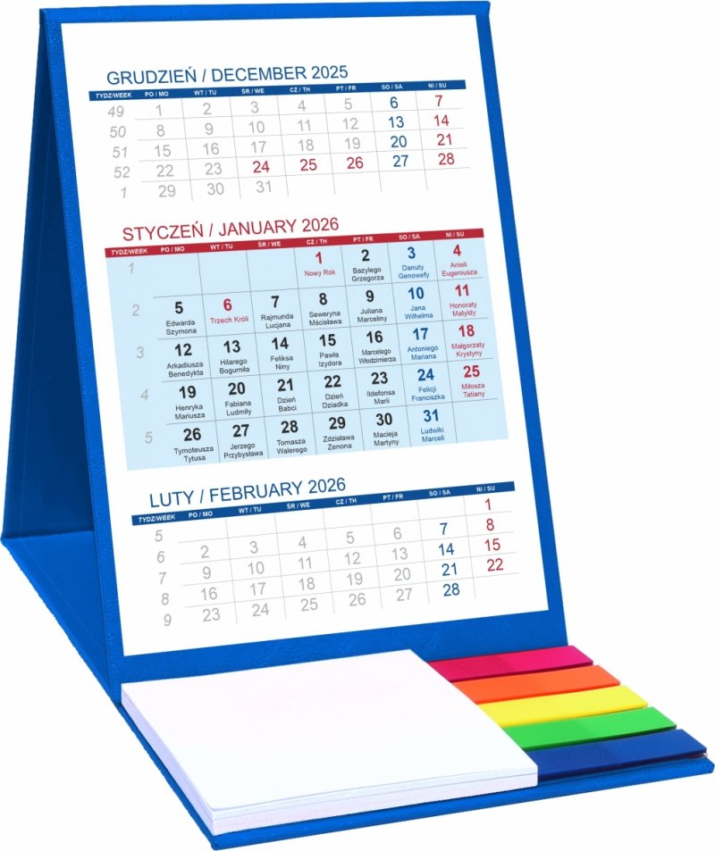 Kalendarz biurkowy z notesem i znacznikami TOP 3-miesięczny 2026 niebieski