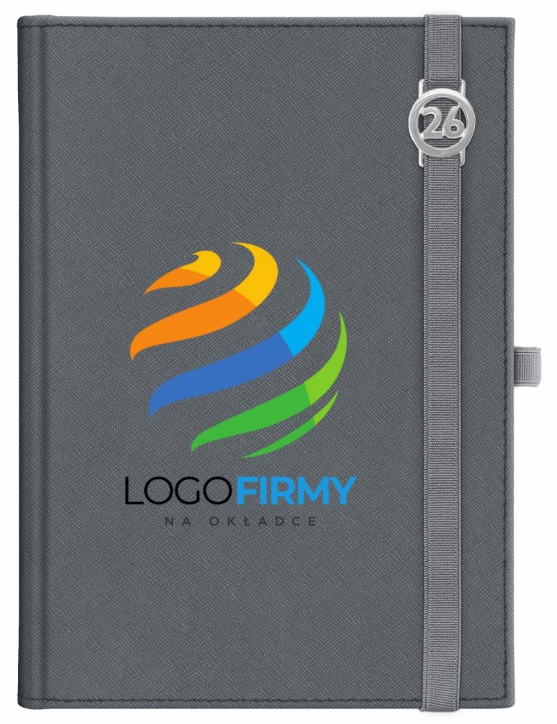 Kalendarz książkowy 2026 B5 dzienny papier chamois wycinane registry oprawa z zamykaniem na gumkę i mocowaniem na długopis ROSSA VIU szara Z NADRUKIEM LOGO
