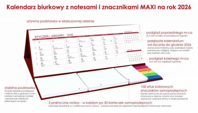 Kalendarz biurkowy z notesami i znacznikami samoprzylepnymi MAXI 2026 bordowy