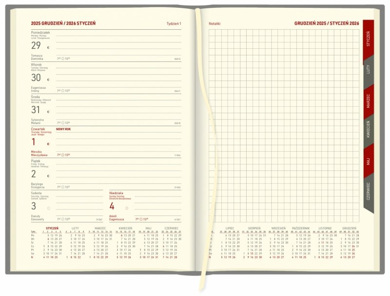 blok kalendarza A5 tygodniowego z notesem, papier kremowy