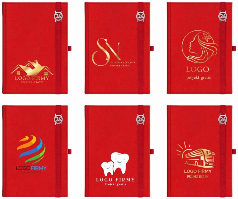 Kalendarz książkowy 2026 A4 dzienny papier chamois wycinane registry oprawa z zamykaniem na gumkę i mocowaniem na długopis ROSSA VIU czerwona Z NADRUKIEM LOGO