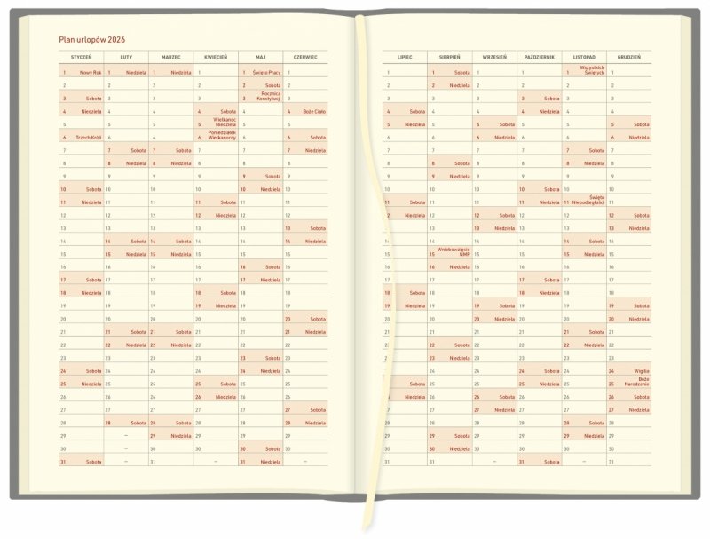kalendarz książkowy A5 z planem urlopów na rok 2026 