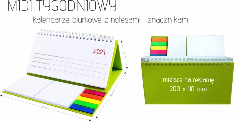 Wymiary kalrndarza biurkowego z notesami i znacznikami MIDI TYGODNIOWY 2021