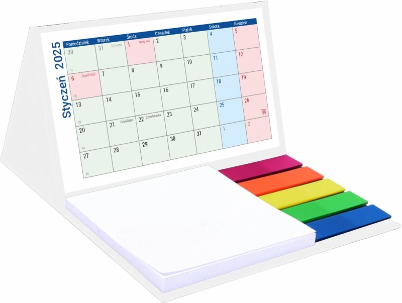 Kalendarz biurkowy MINI na rok 2025 z notesem i znacznikami