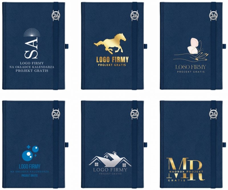 Kalendarz książkowy 2026 A5 dzienny papier chamois wycinane registry oprawa z zamykaniem na gumkę i mocowaniem na długopis ROSSA VIU granatowa Z NADRUKIEM LOGO
