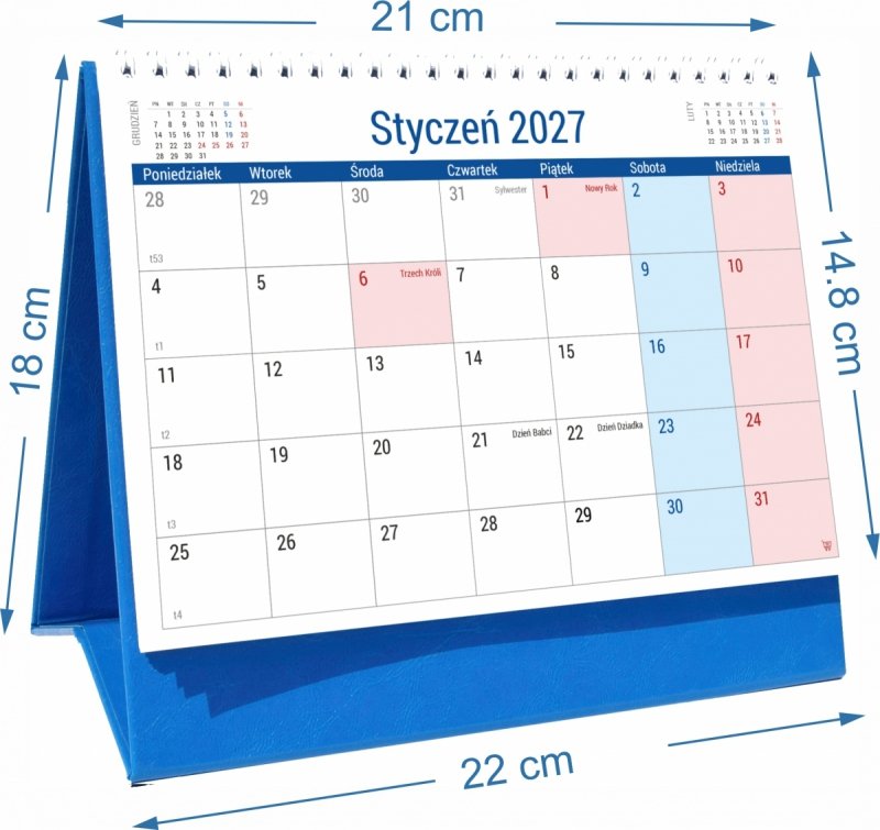 Wymiary kalendarza biurkowego PLANO na rok 2027