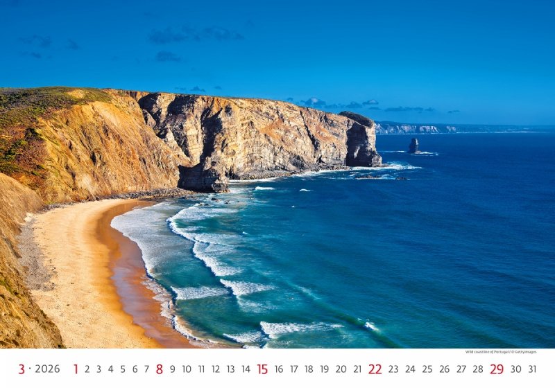 kalendarz 14-planszowy na rok 2026 z widokami piaszczystych plaż 