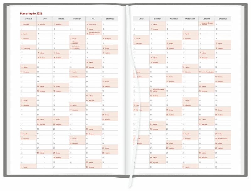 kalendarz książkowy A4 z planem urlopów na rok 2026 