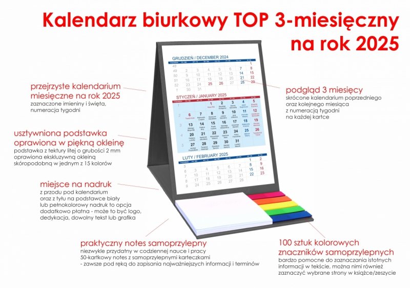 opis kalendarz 3-miesięcznego z notesem i znacznikami