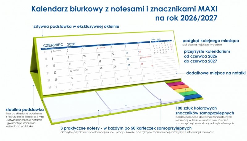 opis kalendarza MAXI szkolnego z notesami i znacznikami samoprzylepnymi