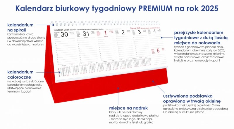 Kalendarz biurkowy stojący na podstawce - kalendarium tygodniowe na rok 2025