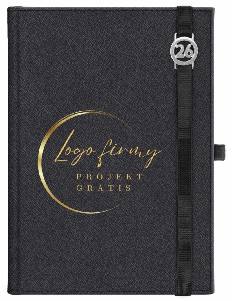 Kalendarz książkowy 2026 A4 dzienny papier chamois wycinane registry oprawa z zamykaniem na gumkę i mocowaniem na długopis ROSSA VIU czarna Z NADRUKIEM LOGO