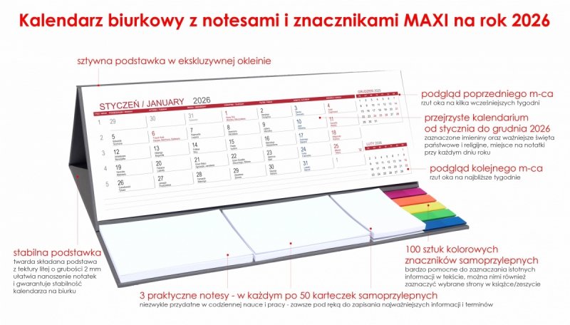 Kalendarz biurkowy z notesami i znacznikami samoprzylepnymi MAXI 2026 szary