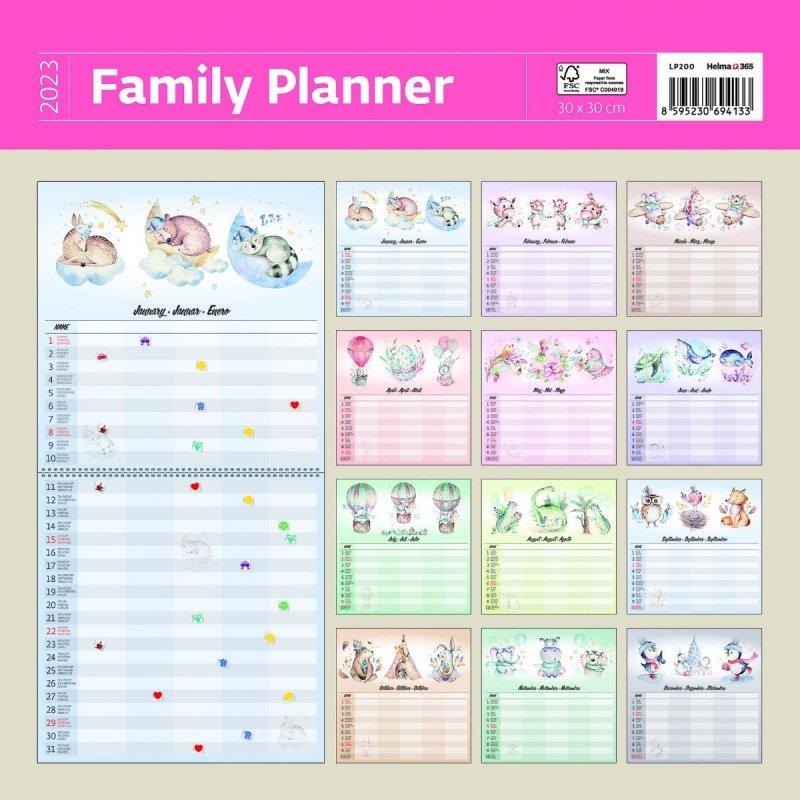 Kalendarz ścienny wieloplanszowy Family Planner 2023 z naklejkami - tylna okładka