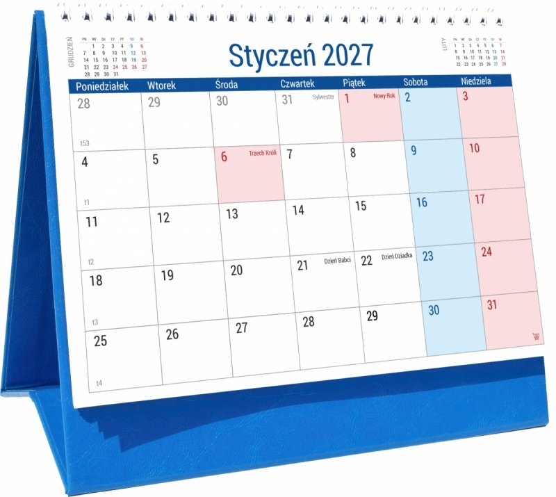 Kalendarz biurkowy PLANO na rok 2027 z dużą ilością miejsca na notatki