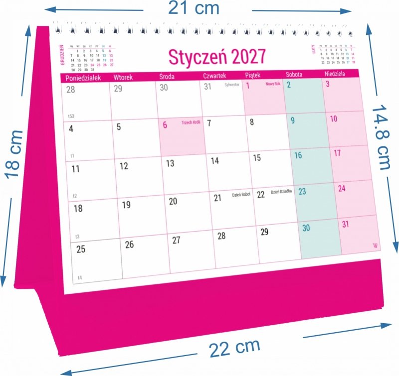 Wymiary kalendarza biurkowego PLANO na rok 2027