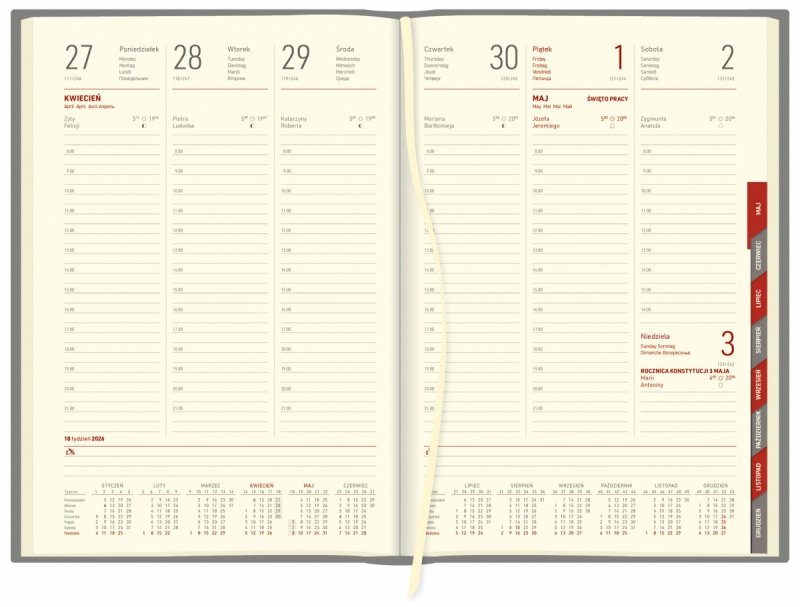 blok kalendarza A4 tygodniowego, papier chamois, wycinane registry