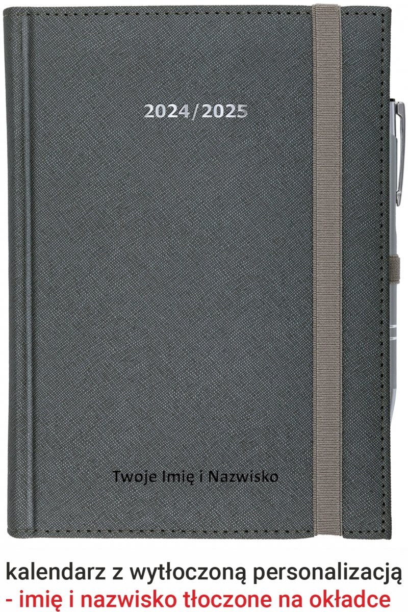 Kalendarz Rossa srebrna z wytłoczonym imieniem i nazwiskiem na okładce 