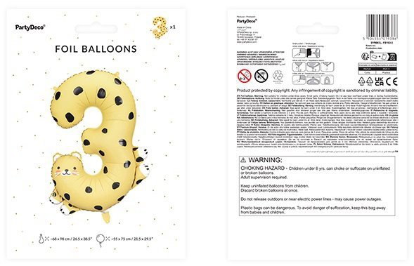 Balon kolorowy foliowy urodzinowy cyfra &quot;3&quot; - Gepard 55x75 cm