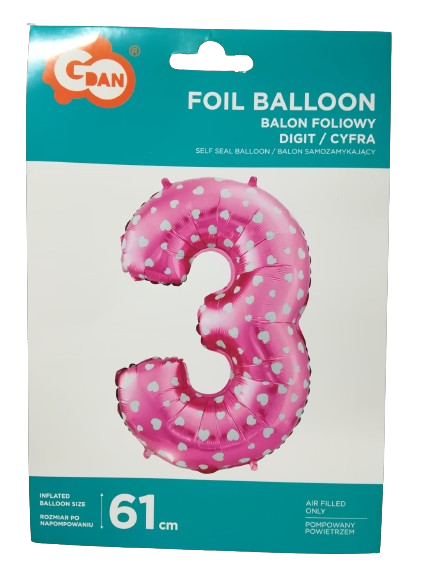 BALON FOLIOWY CYFRA 3 RÓŻOWA W SERCA 61cm
