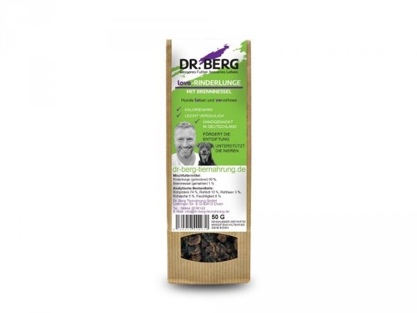 Dr.BERG suszone wołowe płuca z pokrzywą - przysmaki dla psów (50g)